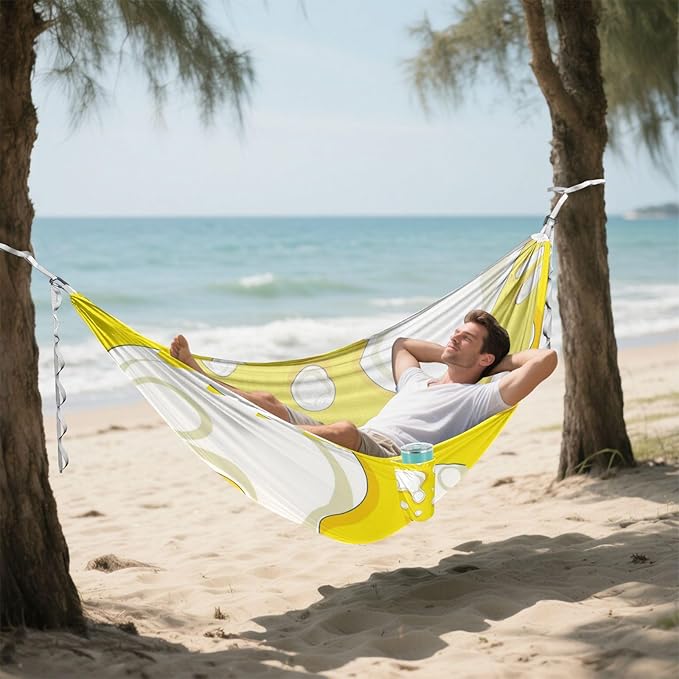 White Circular Spots on A Yellow Background 330lb Capacity Hammocks with Portabl Carry Bag Tree Hammock for Outside Patio Backyard Poolside amacas para patios con Base de adultos