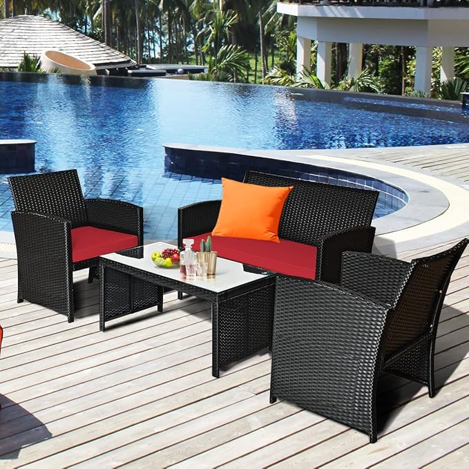COSTWAY 4 Pieces Patio Rattan Furniture Set, Outdoor Wicker Conversation Set with Soft Cushions & Tempered Glass Coffee Table, Cushioned Chair Sofa for Backyard, Porch, Poolside, Lawn, Garden, Red