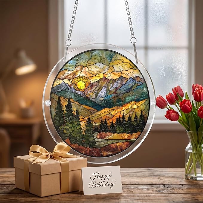 Acrylic Puzzle Suncatcher, Mountain Stained Glass Window Hanging, Sun Catcher Puzzle Kit Home Garden Decor, Creative Mothers Day and Birthdays Gifts for Mom, Wife, Sisters, 7.87 inch