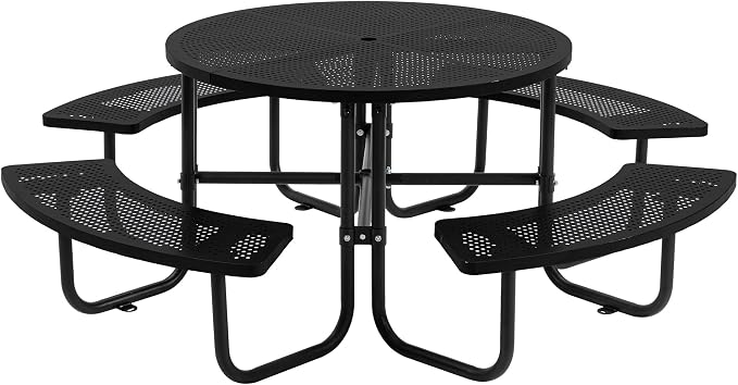 46" Round Outdoor Metal Coffee Picnic Table for Patio, Backyard, Garden and DIY (Includes 4 Built-in Benches) - Black