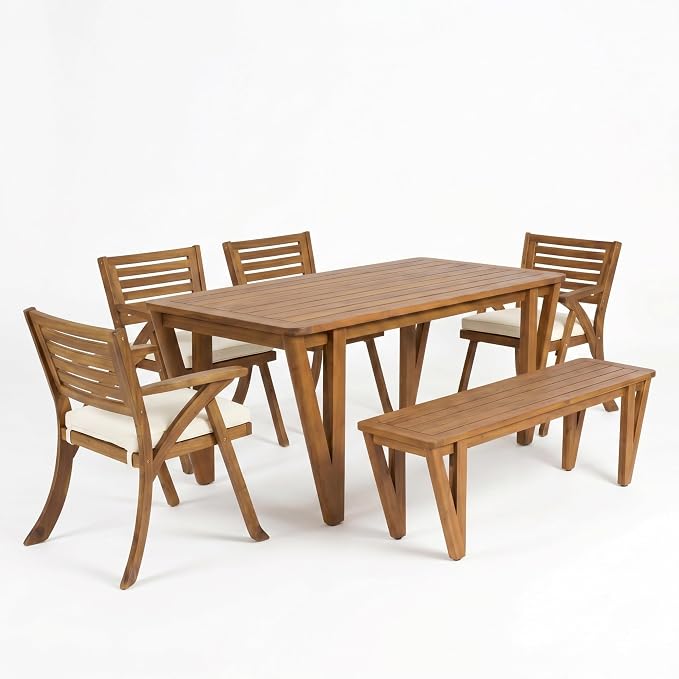 Christopher Knight Home Hermosa Acacia Wood Patio Dining Set with Bench, Solid Wood Outdoor Dining Table Set for 6, Outdoor Dining Set with Water-Resistant Cushion, Teak+Cream
