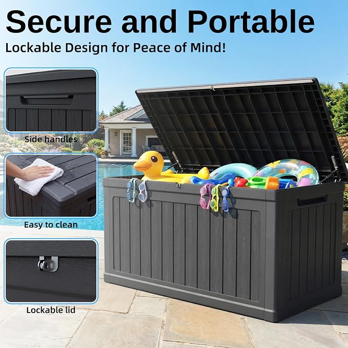 200 Gallon Deck Box, Resin Outdoor Waterproof Storage Box, Lockable Storage Box With Handle for Patio Furniture - Garden Tools - Swimming Pool Tools UV Resistant, Black