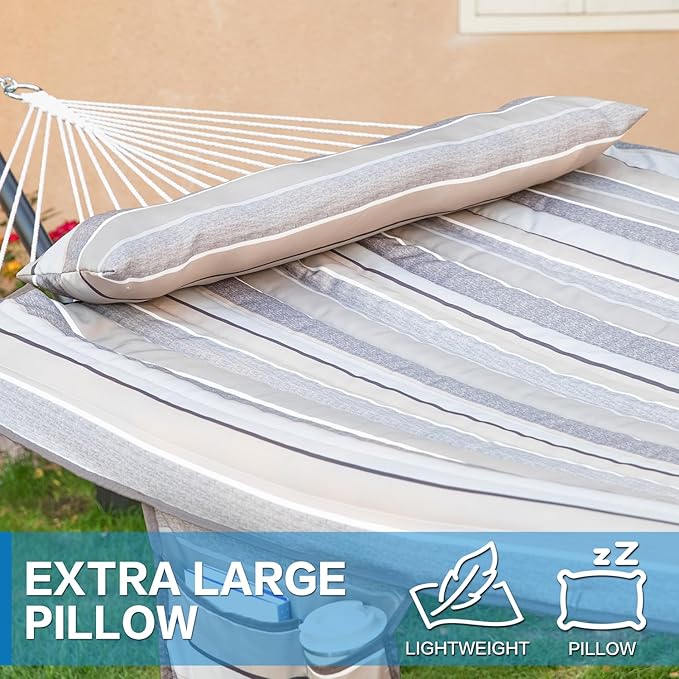 PNAEUT Double Rope Hammock with Stand Included, 12ft Heavy Duty Stand, 2 Person Traditional Cotton Rope Hammocks with Pillow for Outside Porch Patio Backyard Outdoor, Max 475lbs Capacity (Peace Grey)