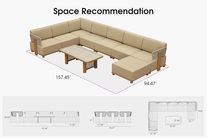 PURPLE LEAF Patio Furniture Set Modular U-Shaped Outdoor Sectional Sofa with 11" Thick Cushion 9-Piece Outdoor Conversation Set w/Ottoman & White Lights for Backyard Poolside Table Included, Beige