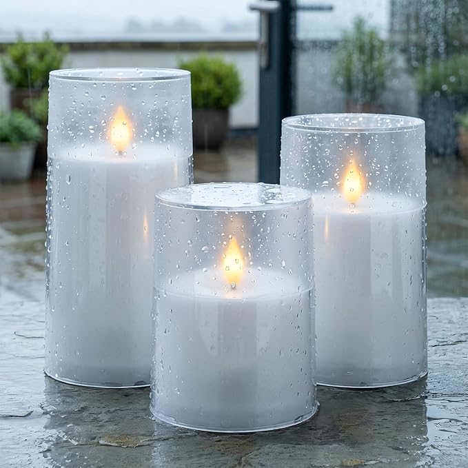 Homemory 3"×4" 5" 6" Battery Candles with Remote & Timer, White Acrylic Realistic Flickering LED Pillar Candles, Waterproof Fake Candle for Home and Lantern Decor, Set of 3