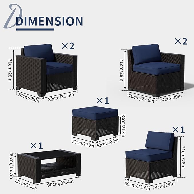 7 Pieces Patio Furniture Set Wicker Outdoor Furniture All-Weather Outdoor Sofa with Thick Cushions & Coffee Table Patio Conversation Set for Lawn, Balcony, Deck, Poolside, Darkbrown&Prussian Blue
