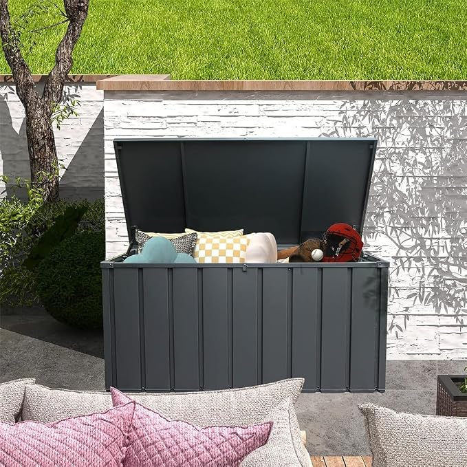 160 Gallon Waterproof Outdoor Deck Box Storage Chest in Dark Gray, Large Capacity Patio Storage for Garden Tools, Cushions, and More (100 Gallon (Dark Gray))