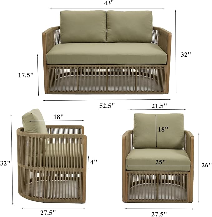 Sectional Patio Set, Modern Aluminum & Rope Outdoor Sofa Set with Cushions, Patio Conversation Set, 4 Piece Patio Furniture, Balcony Furniture Chair Set All Weather, Green