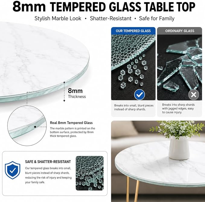 30" Round Tempered Glass Table Top, 5/16" (8mm) Thick, Marble Pattern Replacement, Heavy-Duty, Heat & Scratch Resistant for Coffee, Dining & Patio Tables, White