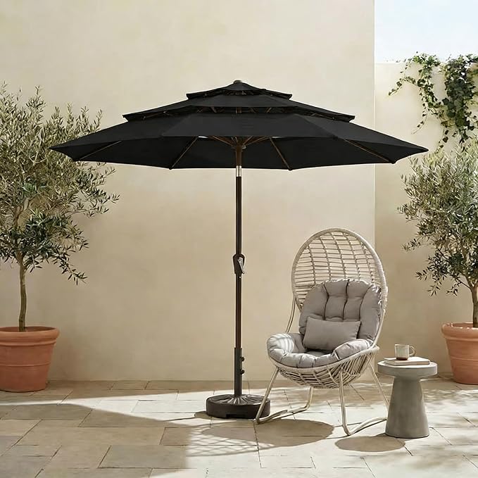 10ft 3 Tier Patio Umbrella, Outdoor Market Table Umbrella with UPF 50+ Vented Canopy, 8 Sturdy Ribs, Easy Push Button Tilt and Crank, Windproof for Deck, Pool, Backyard and Garden