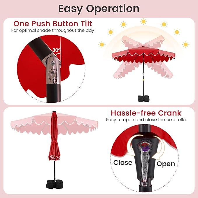 Tangkula 9 FT Solar Patio Umbrella with Base Included, 2-Tiers Outdoor Scalloped Table Umbrella with 32 LED Lights, 2 Sandbags, Tilt Adjustment, Crank, 8 Ribs for Market Backyard Pool Deck Beach Lawn