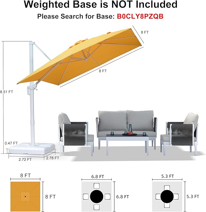 PURPLE LEAF 8 FT Patio Umbrella White Cantilever Umbrella Aluminum Square Outdoor Offset Umbrella Hanging Windproof with 360° Rotation for Garden Deck Pool, Yellow