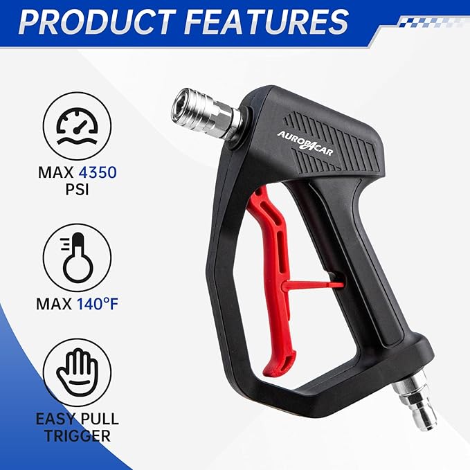 AURORA CAR 4350 PSI Short Pressure Washer Gun, 1/4” Quick Connector High Pressure Washer Gun with 3/8" Male Plug and M22-14 Fitting, Power Washer Gun Compatible with Foam Cannon, Car Wash Foam Gun