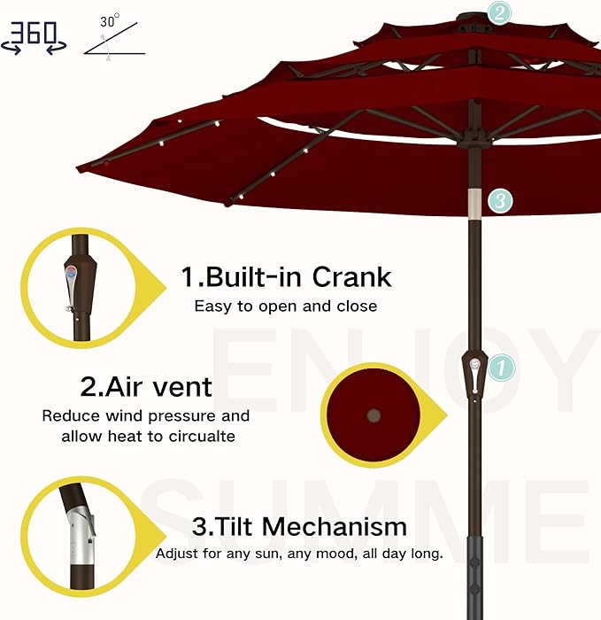 Kingdura 9ft 3-Tier Patio Umbrella with Solar Lights, Table Umbrella Outdoor Patio with Easy Crank & Tilt, 8 Sturdy Ribs, UV Protection, 32 LED Lights for Deck, Poolside, Market (Dark red)