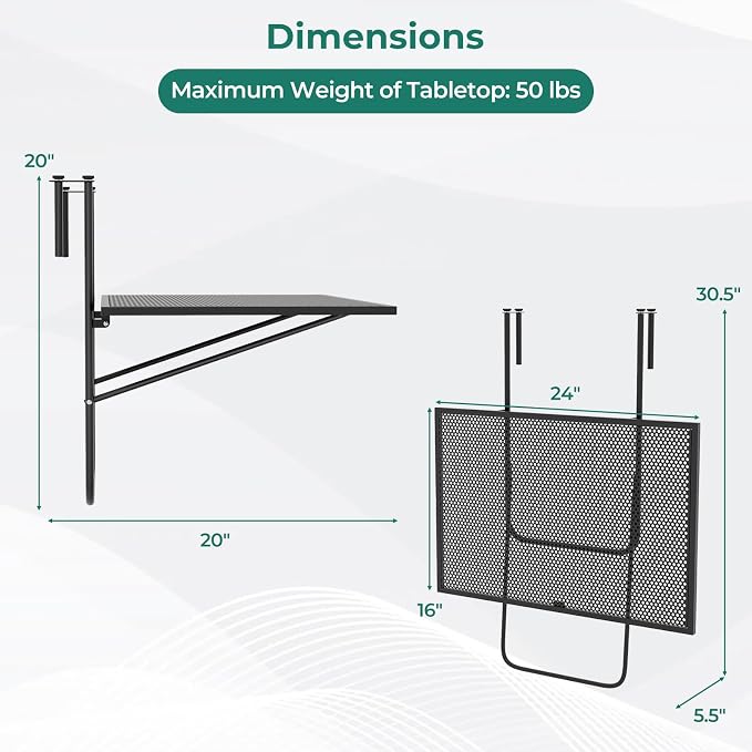 Tangkula Balcony Railing Table, Outdoor Folding Hanging Table with Metal Frame, Space-Saving Bar Serving Table Fits Railings Up to 2.4” Thick for Patio, Porch, Deck