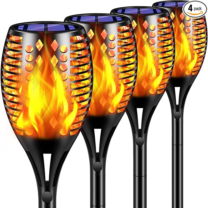 TomCare Solar Lights, 43" Waterproof Flickering Flames 96 LED Torches Outdoor Landscape Decoration Lighting Auto On/Off Pathway Lights for Garden Patio Yard, Black(4)