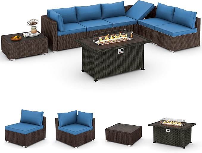 HOMREST 8 Pieces Outdoor Patio Furniture Set with 44" Propane Fire Pit Table, PE Rattan Sectional Sofa Conversation Set w/Adjustable Bracket, Wood Coffee Table for Backyard (Blue)