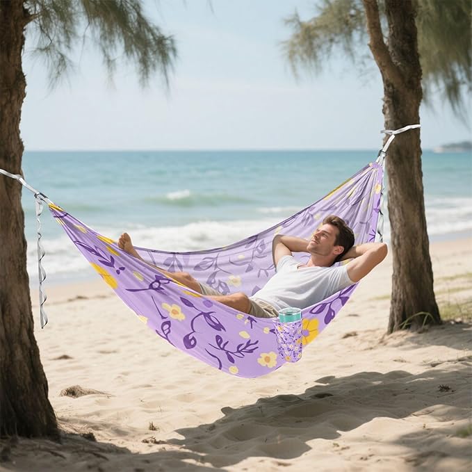 Multi-Small Flowers and Leaves Purple and Yellow 330lb Capacity Outdoor Hammock Rope Hammock for Patio Backyard Lounge Base amacas para patios con Base de adultos