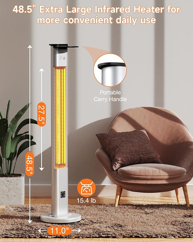 blessny Electric Heater for Patio, 48.5" Large Standing Premium Space Heater IP65 Waterproofed for Indoor or Outdoor Use,1500W with 9 Hours Timer