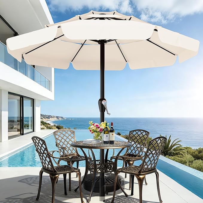 AreShark 12FT 3-Tiers Patio Umbrella with Valance, Outdoor with Crank, Large Outdoor Market Umbrellas Vented with 8 Sturdy Ribs, Patio Table Umbrellas for Garden, Deck, Backyard, Pool, Cream White
