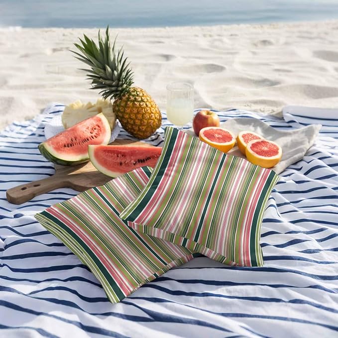 Outdoor Waterproof Throw Pillow Covers Set of 2 Sage Green Striped Pillowcases 16x16 Inches Geometric Pink Stripes Decorative Pillows Cushion Case Patio Pillows for Couch Bed Chair Garden