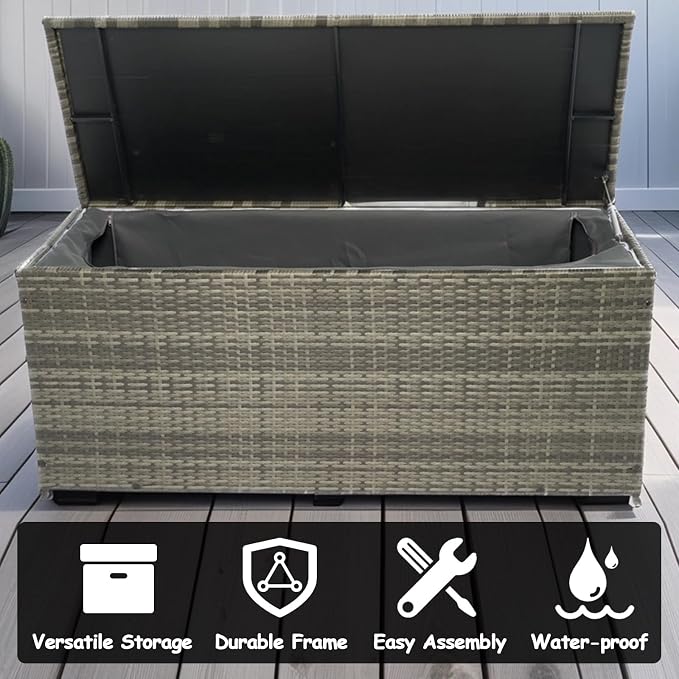 113 Gallon Deck Box Storage, Large Outdoor Weatherproof Storage Box with Lid,Wicker Outdoor Cushion Storage Box for Porch,Patio,Garden,Poolside,Tools,Toys (Light Grey, 53.15 Inch)