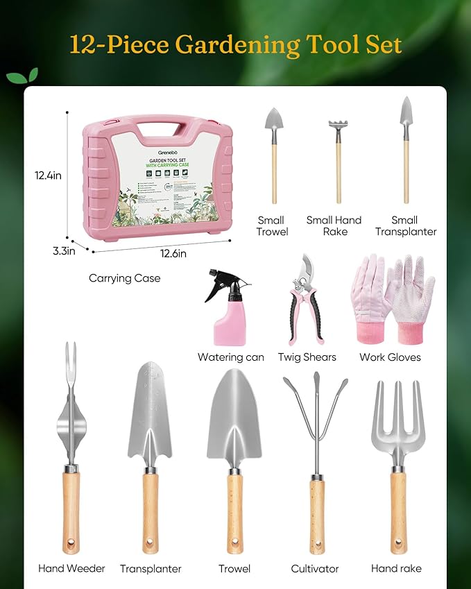 Grenebo 12-Piece Womens Gardening Tools Gift Set, Rust-Proof & Heavy-Duty Garden Tools with Durable Carrying Case, Fashionable & Thoughtful Gardening Gifts for Women&Men (Pink-Silver)