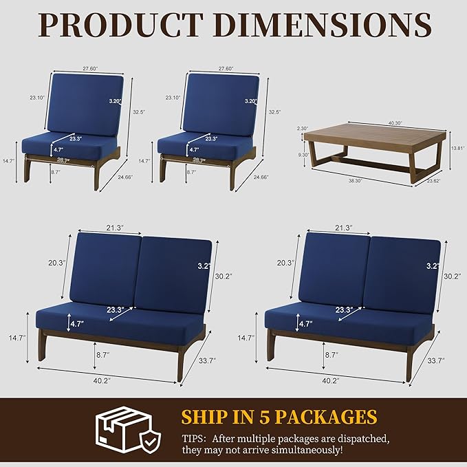 UIXE 5 Pieces All Weather Wood Patio Furniture Sets, 2 Patio Loveseat, 2 Patio Bistro Chair, Outdoor Sectional Sofa Furniture Backyard Conversation Set with Coffee Table - Navy