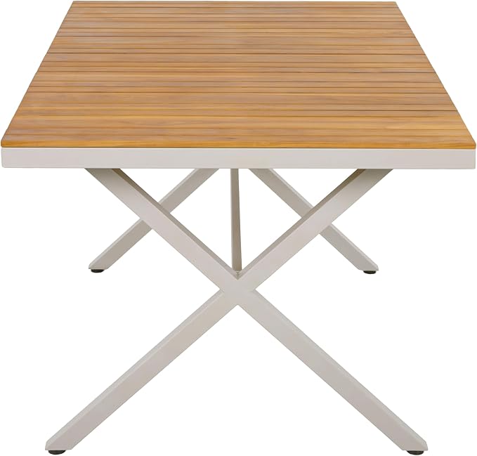 Christopher Knight Home Rado 55”L Wooden Outdoor Dining Table with Steel Frame, Sturdy Rectangular Patio Table for 4-6 People, Dining Room Table with Slatted Design and X-Shaped Legs, Teak + Beige
