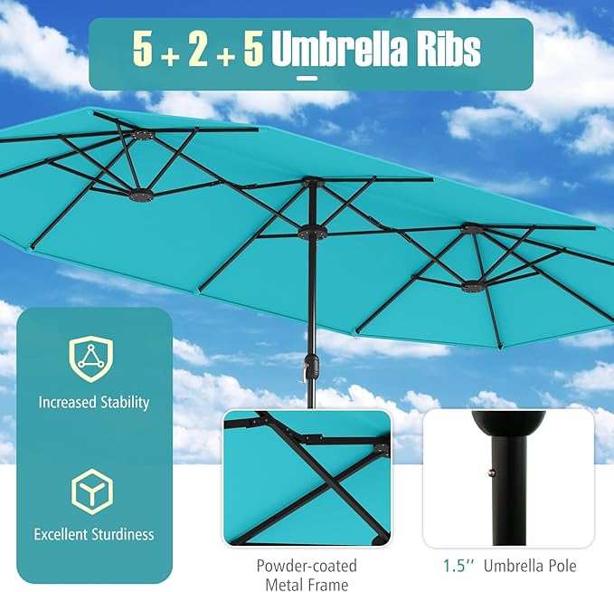 Tangkula 13FT Double-sided Patio Umbrella, Extra Large Twin Table Umbrella with Crank Handle, Umbrella Base, Safety Lock, Air Vent, Outdoor Market Umbrella for Garden Pool Backyard (Turquoise)