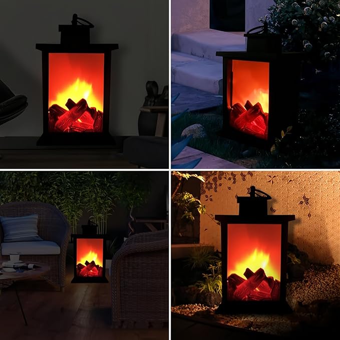 Simulated LED Fireplace Lantern Battery Powered Flameless Light with Simulation Flame Table Decorative Lamp Mini Fireplace Ornament for Cozy Home Decor Free Standing Electric Log Burner