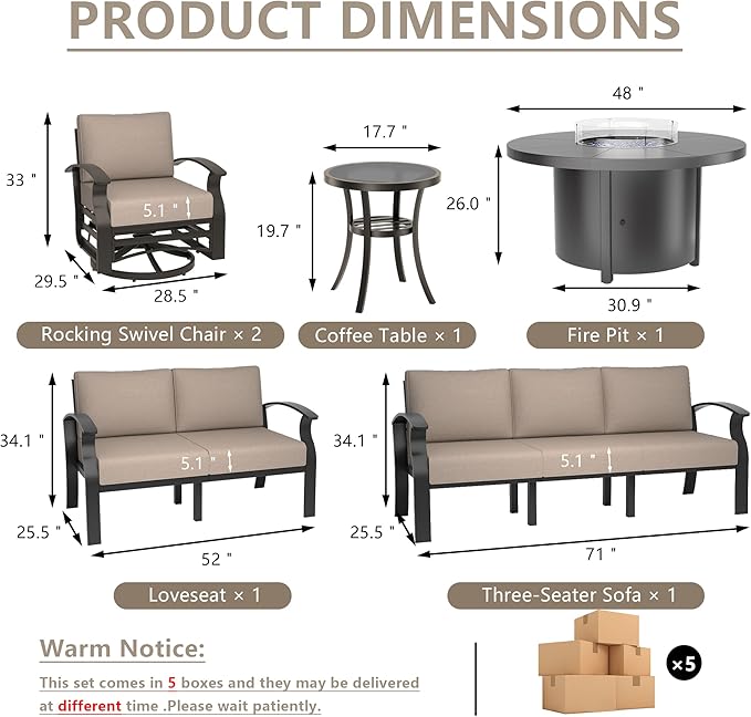 ALAULM Aluminum Patio Furniture Set with 40,000 BTU Round Propane Fire Pit Table 7-seat Metal Outdoor Furniture w/ 2 Swivel Chairs Patio Sectional Sofas for Patio, Lawn, Poolside（Sand