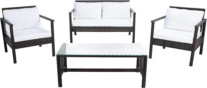 Safavieh Outdoor Collection Garnen Wicker Cushion 4-Piece Living Set PAT7714C, Brown/White