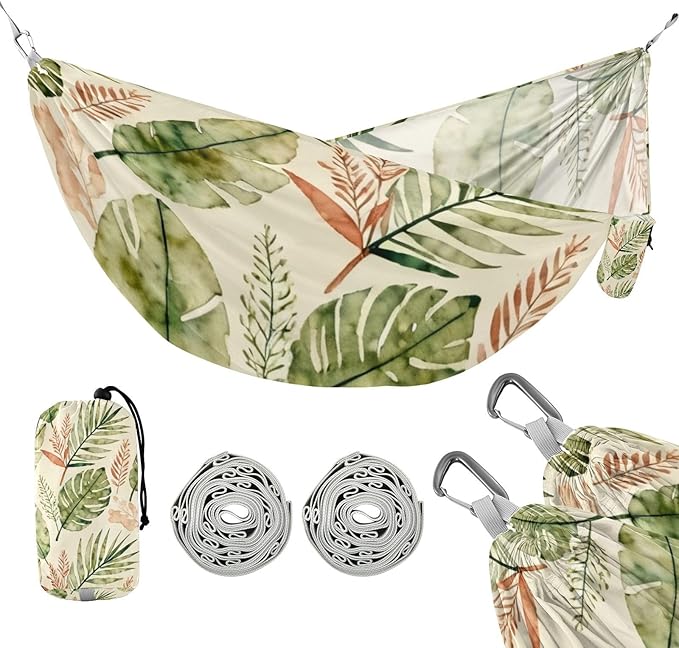 Watercolor Tropical Leaves Outdoor Hammock with Tree Straps for Outside Patio Garden