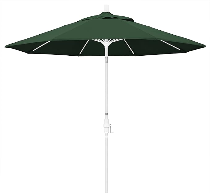 California Umbrella 9' Round Aluminum Pole Fiberglass Rib Market Umbrella, Crank Lift, Collar Tilt, White Pole, Hunter Green Olefin