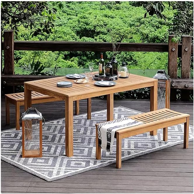 3-Piece Outdoor Dining Set, Teak Wood Table and Benches, Stylish and Durability. Patio Garden Furniture. It's a Perfect Addition to a Patio, Garden, or Deck.