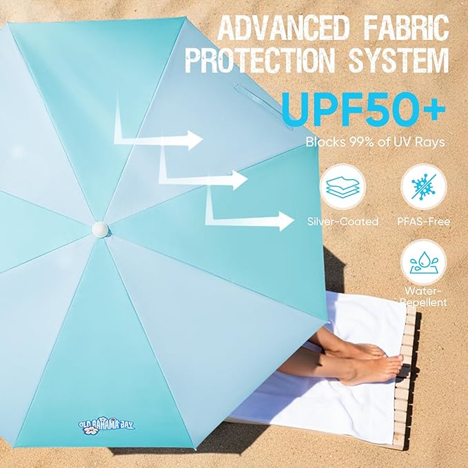 Old Bahama Bay 8ft Beach Umbrella with Screw Sand Anchor & Tilt Mechanism, UPF 50+ UV Protection, Windproof Heavy Duty Portable Sun Shelter with Carry Bag for Patio, Garden, Pool & Backyard, Teal/Blue