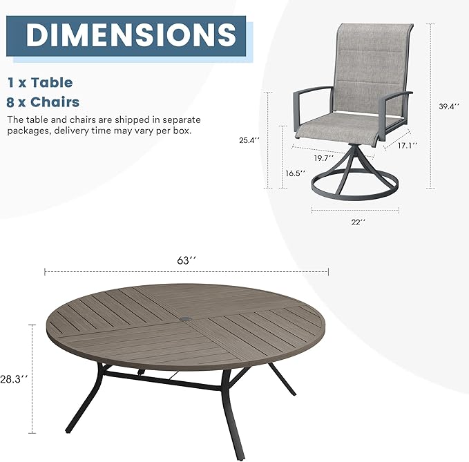 DIFY 9 Piece Outdoor Dining Set, Metal Patio Table and Chairs Set, 63" Grey Wood-Like Round Dining Table & 8 Grey Padded Textilene Swivel Patio Chairs, Outdoor Furniture Set for Garden Backyard