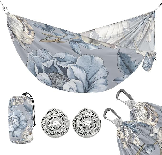 Vintage Blue and White Roses 330lb Capacity Outdoor Hammock with Portabl Carry Bag Portable Hammock for Patio Backyard Lounge Base hamaca con soporte para adultos