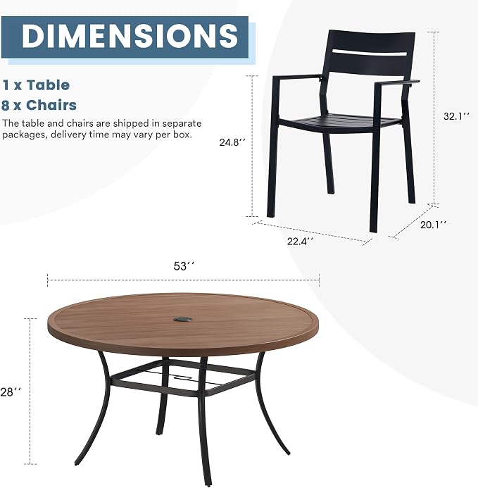 DIFY 9 Piece Outdoor Patio Dining Set for 8, Patio Table and Chairs Set with Umbrella Hole, 53" Round Dining Table and Stackable Metal Chairs for Backyard Garden Poolside, Walnut & Black