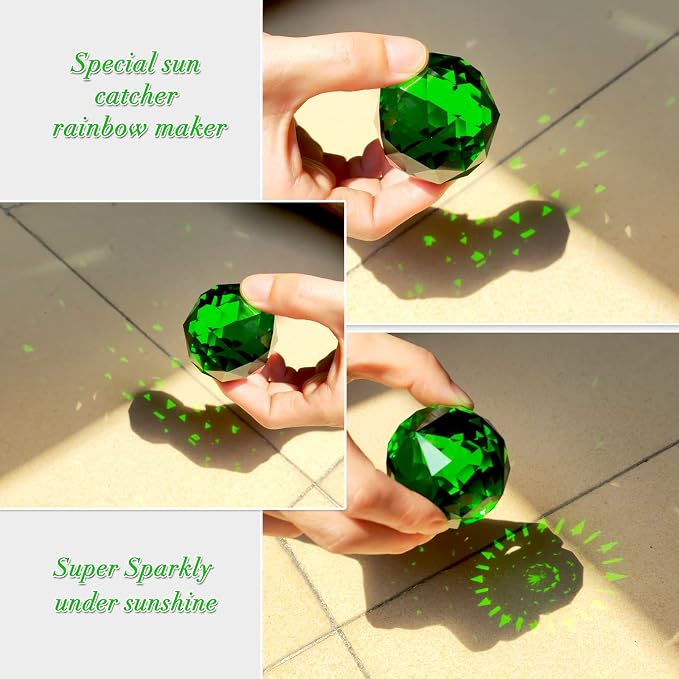 Fonmy Gazing Ball Spiral Tail -Decorative Wind Spinner Sun Catcher Rainbow Maker 11 inch Tail and 2 inch Green Crystal Orb. Indoor Outdoor Garden Decoration -13 inch Height