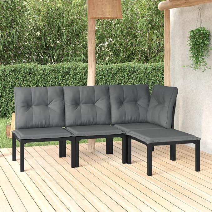4 Piece Patio Lounge Set Black and Gray Poly Rattan, Outdoor Patio Sectional, Outdoor Sofa Set, Furniture Conversation Sets, Outdoor Porch Furniture for Balcony, Yard