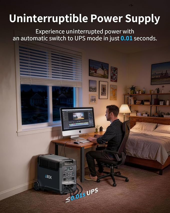 ABOK Ark3600 Portable Power Station with 500W Alternator Charger, 3840Wh LiFePO4 Battery, 3600W Electric Solar Generator for Garage, Off-Grid Living, Camping, RVs, Outdoor Adventures, Power Outages
