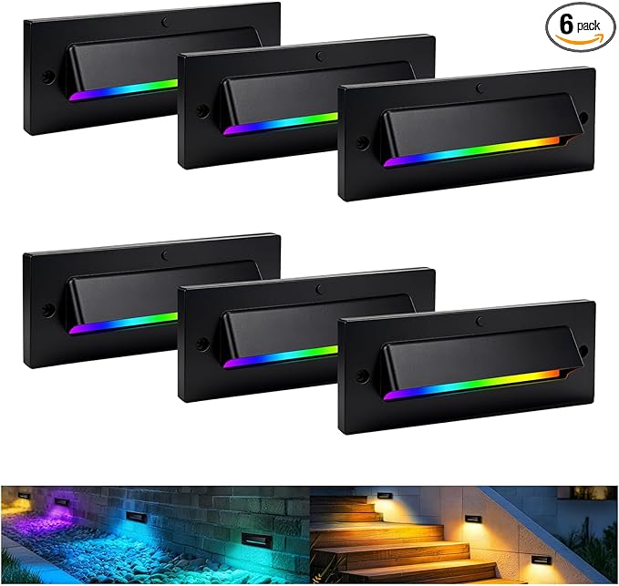 Outdoor Step Lights, 5W 12V Landscape LED RGB Color Changing Outdoor Low Voltage Deck Step Stair Lights Wired for Railing Fence Retaining Wall Christmas Decorations, Heavy Duty, Black, 6PK