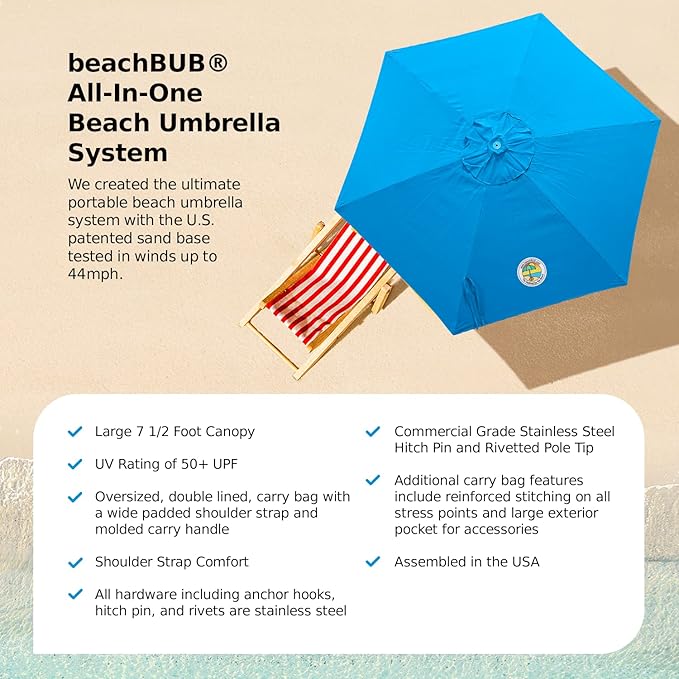 BEACHBUB ALL-IN-ONE BEACH UMBRELLA SYSTEM. Includes ULTRA Base (compliant with the ASTM F3681-24 Beach Umbrella Safety Standard). (Caribbean Blue)