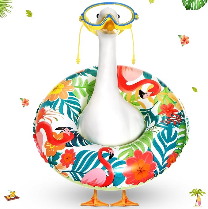 Aliceset 2 Pcs Summer Porch Goose Outfits Hawaiian Pool Goose Cloth Costume Swimsuit with Swim Ring Sunglasses, Fits 23'' Lawn Statue for Patio Yard Garden Outdoor Decor(Flamingo Style)