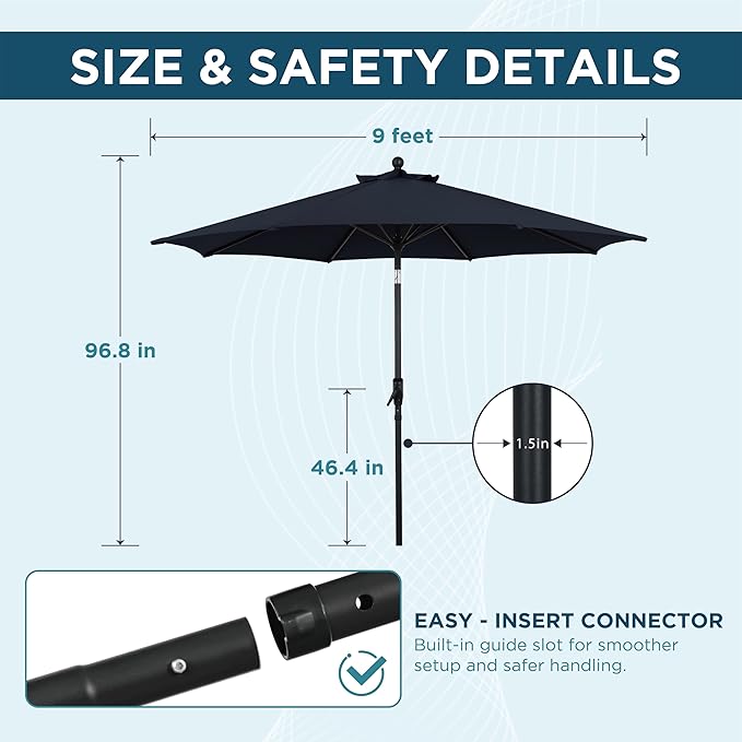9FT Outdoor Patio Umbrella with Crank Lift & Auto Tilt - Market Umbrella, 8 Heavy-Duty Ribs, UV Resistant & Water-Repellent for Garden, Deck, Poolside & Backyard