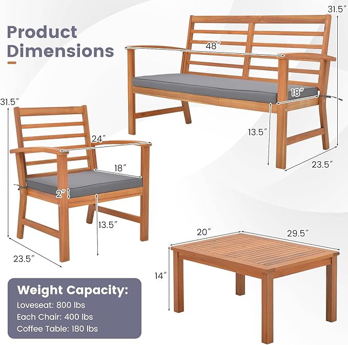Tangkula 4 Pieces Outdoor Furniture Set, Acacia Wood Conversation Set w/Soft Seat Cushions, Stable Acacia Wood Frame, Patio Sofa & Coffee Table Set for Backyard, Porch, Poolside (Grey)