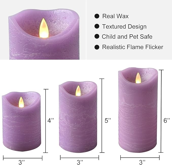 Real Wax Flameless Candles Set of 3 (D 3" x H 4" 5" 6") Battery Operated LED Candle with Timer Home Decorative Pillar Flickering Lights,Wedding Party Events Decor,Purple