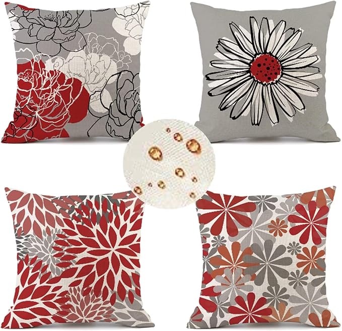 Outdoor Throw Pillow Covers 24x24 in Set of 4 red Pillow Covers flower Decorative Pillows Waterproof Linen Outdoor Pillowcases Sofa Cushion Covers for Garden Patio Bench Chair Outdoor Home Decor Gifts